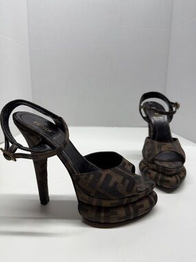 Fendi Zucca Platform High Heels Peep Toe Pointed Ankle Strap Stiletto Tobacco 36